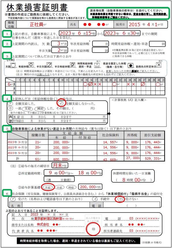 休業損害証明書の書き方